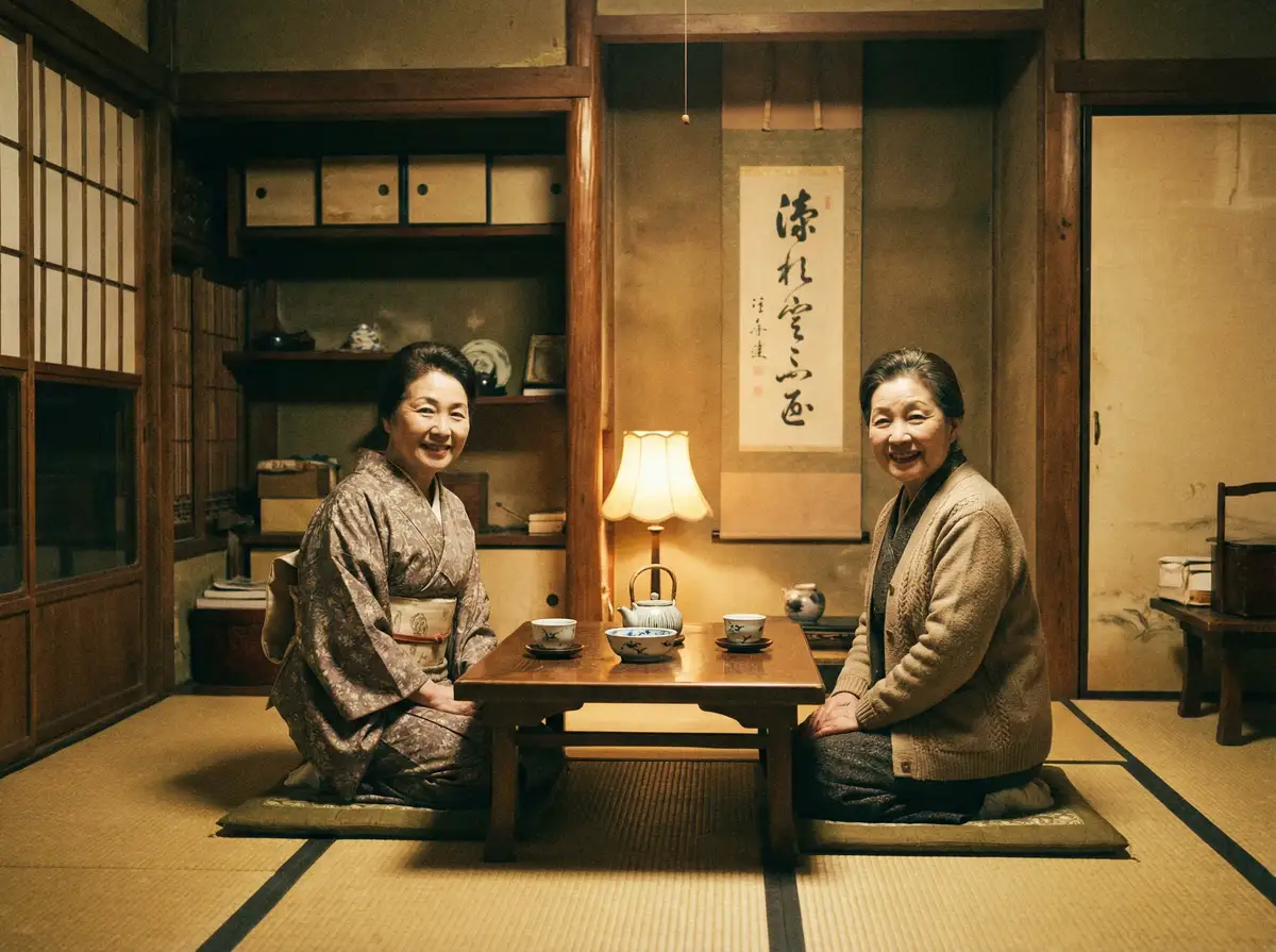 两位优雅的 优德体育 在日式茶室中品茶交谈